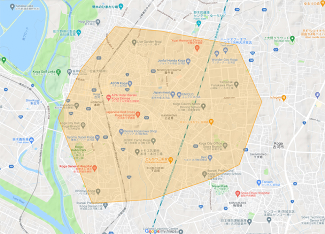 Uber Eats（ウーバーイーツ）古河市エリア・配達マップ