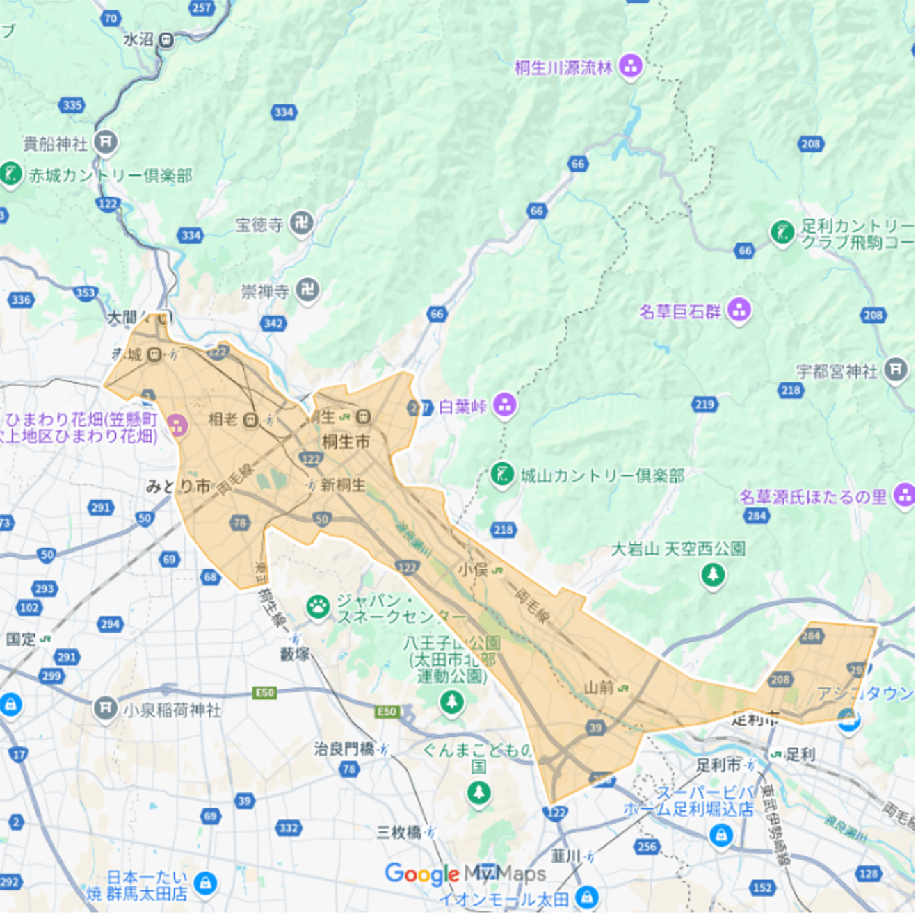 Uber Eats（ウーバーイーツ）桐生市ほかエリアマップ
