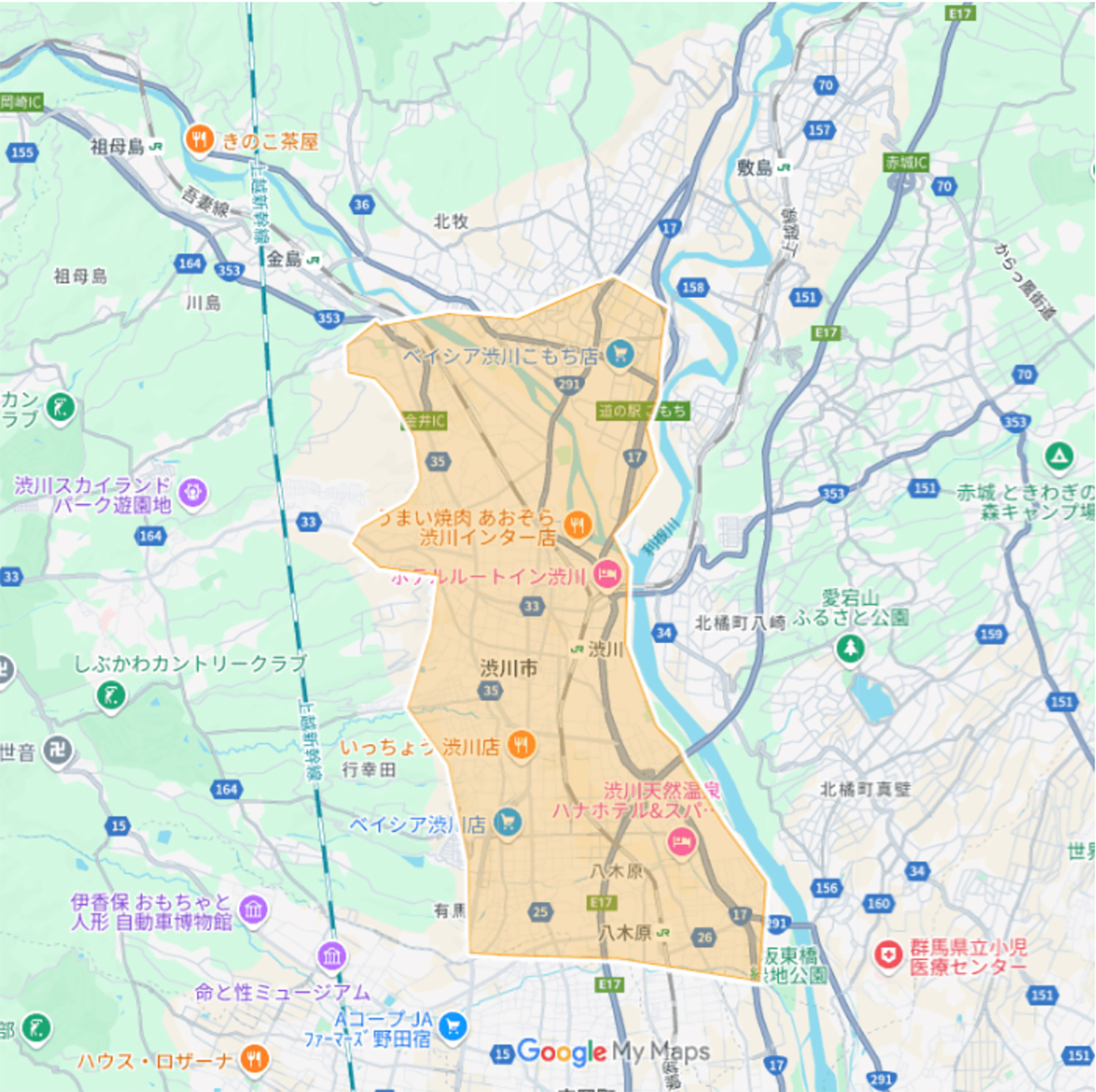 Uber Eats（ウーバーイーツ）渋川市エリアマップ