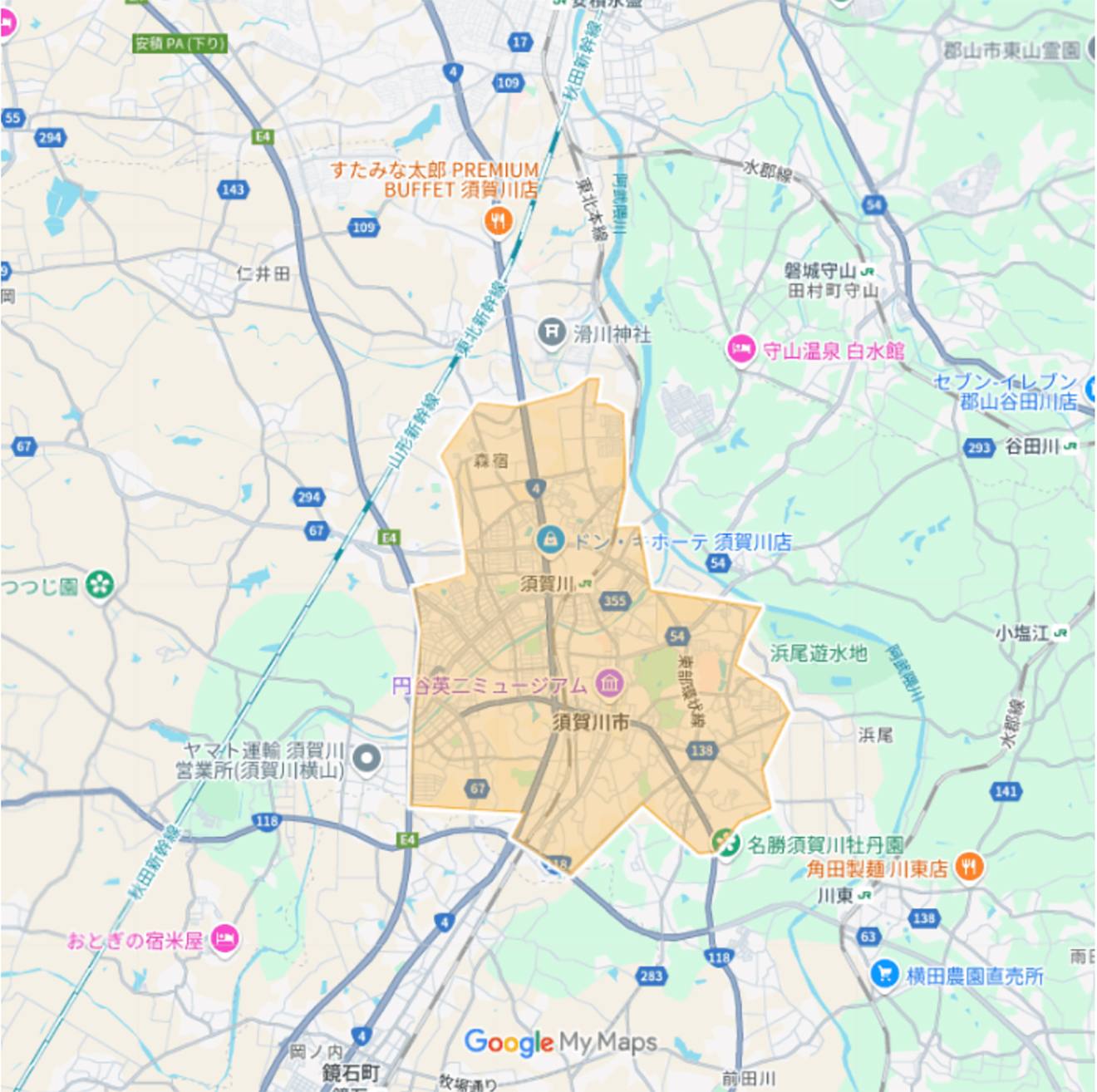 Uber Eats（ウーバーイーツ）須賀川市エリアマップ