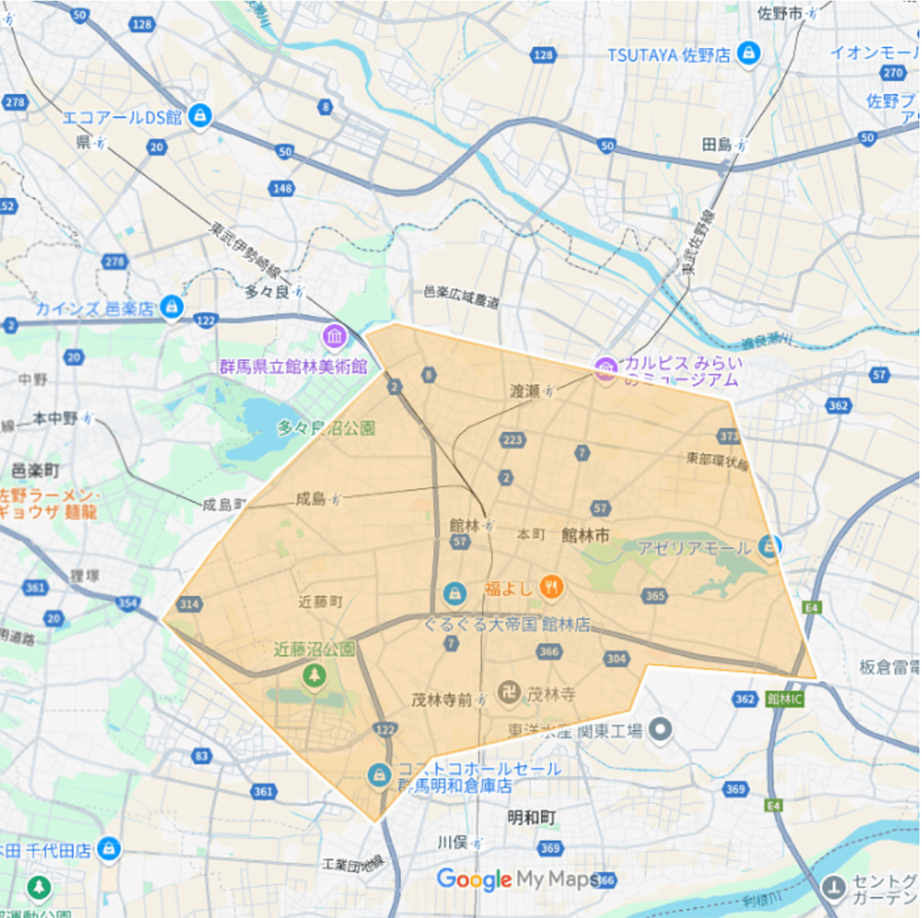 Uber Eats（ウーバーイーツ）館林市エリアマップ