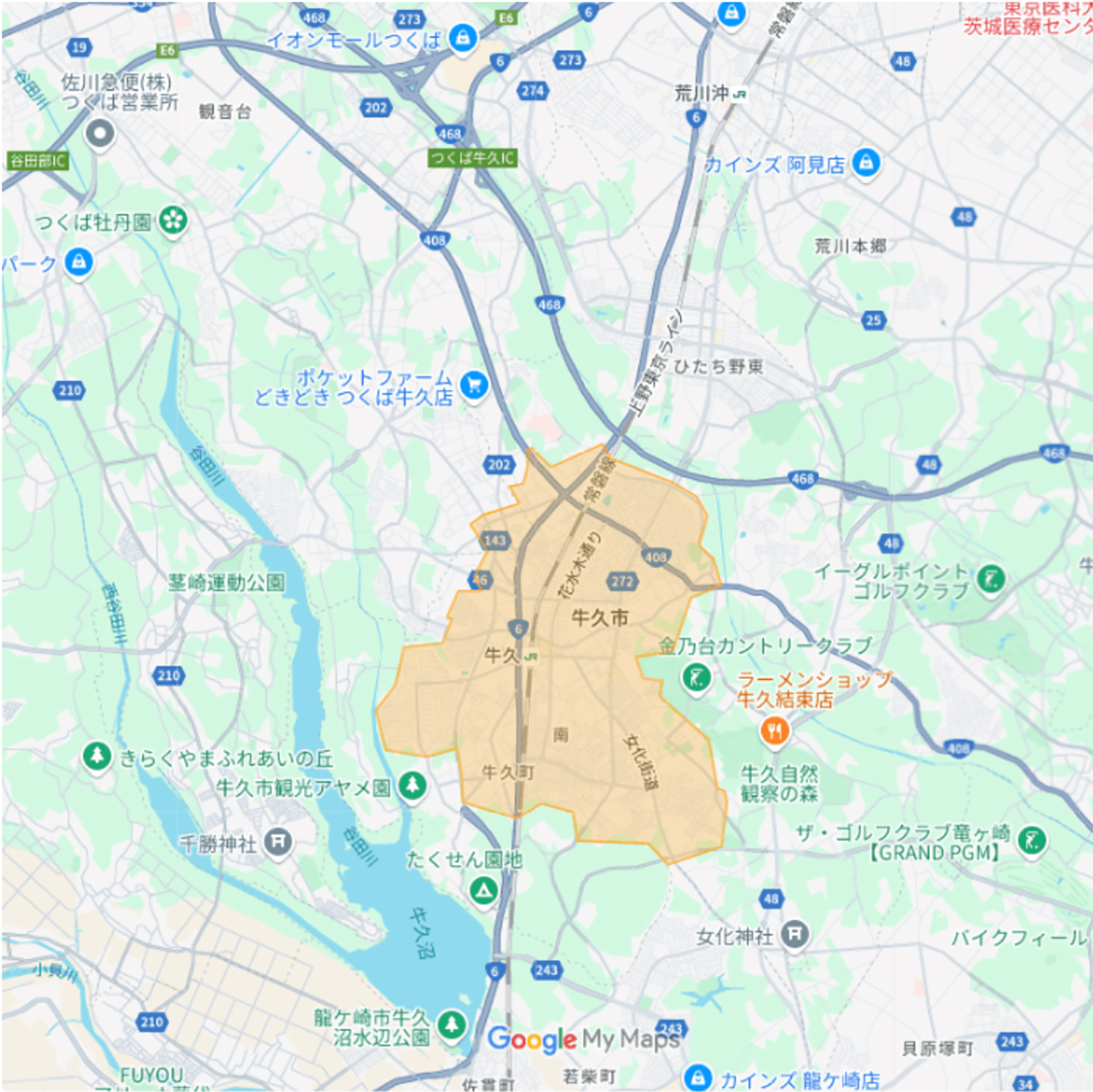 Uber Eats（ウーバーイーツ）牛久市エリアマップ